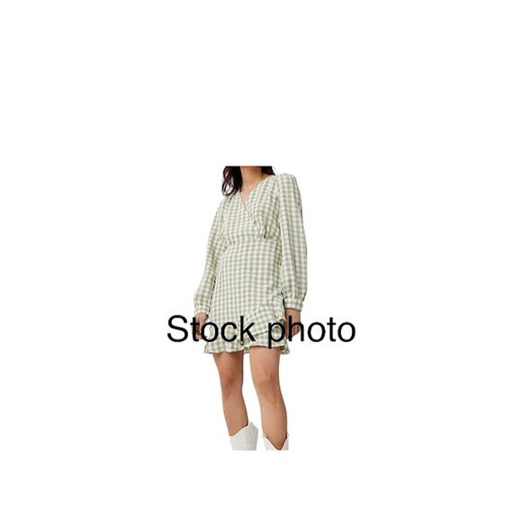 VERO MODA Green & White Gingham Checkered Long-Sleeve Faux Wrap Dress Size M - Picture 3 of 6